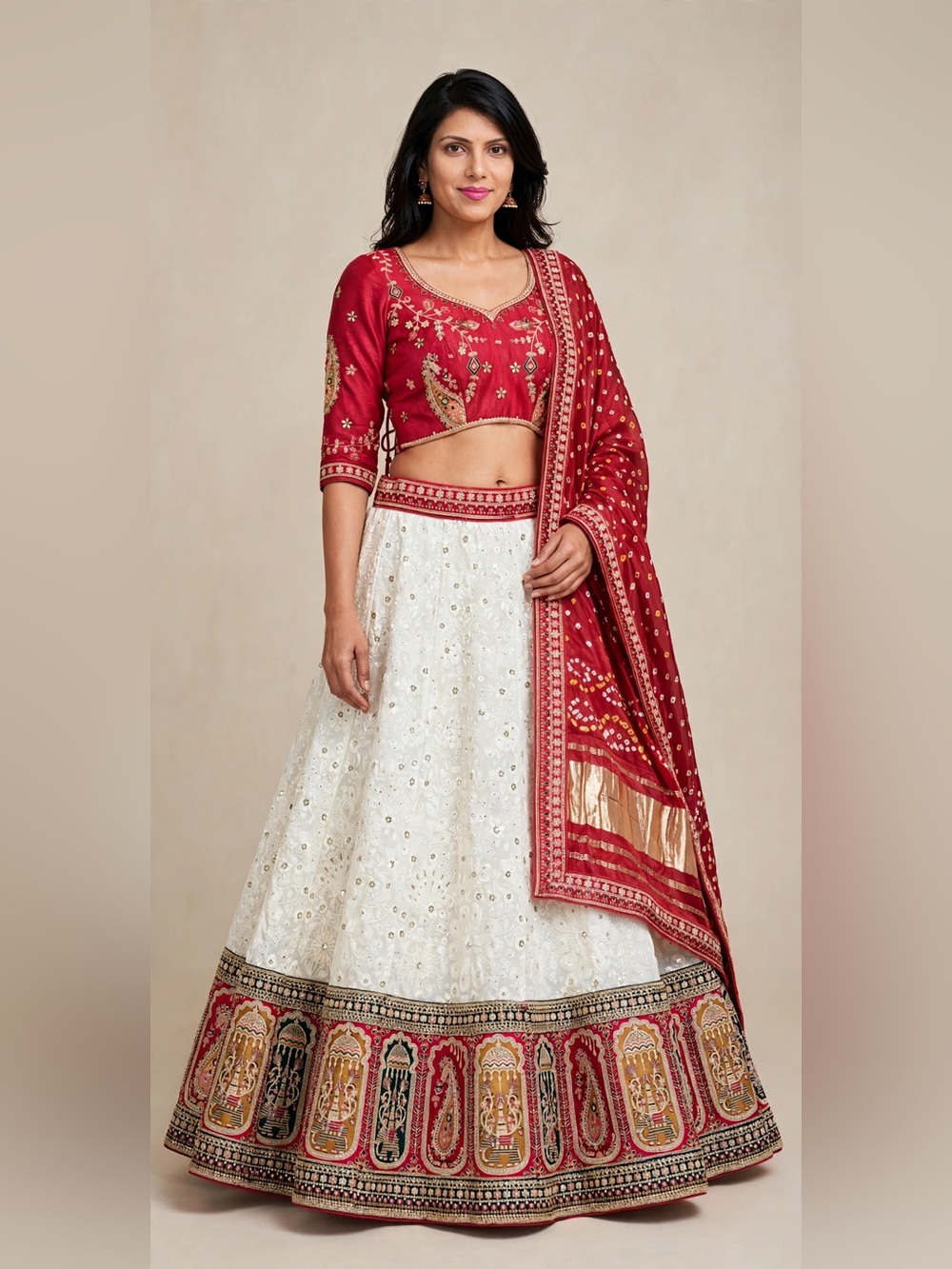 Embroidered Red & White Traditional Women's Lehenga Skirt
